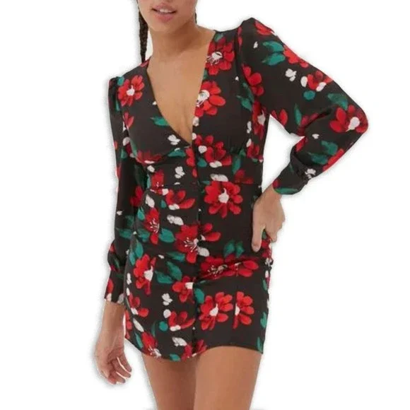 Urban Outfitters | Dresses | Nwt Urban Outfitters Uo Michelle Plunging Long  Sleeve Floral Mini Dress Medium | Poshmark